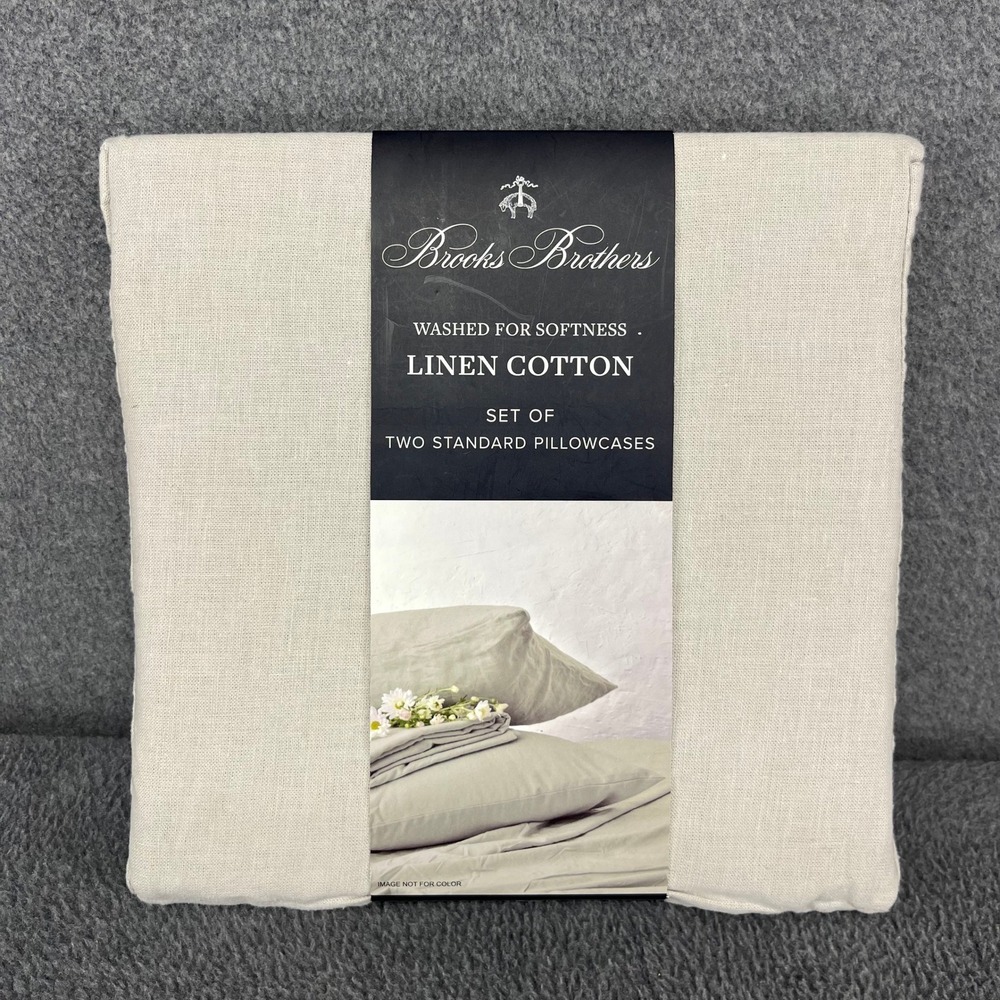 Brooks Brothers Pillowcase Set Standard Beige Linen Cotton Washed Soft Bedding